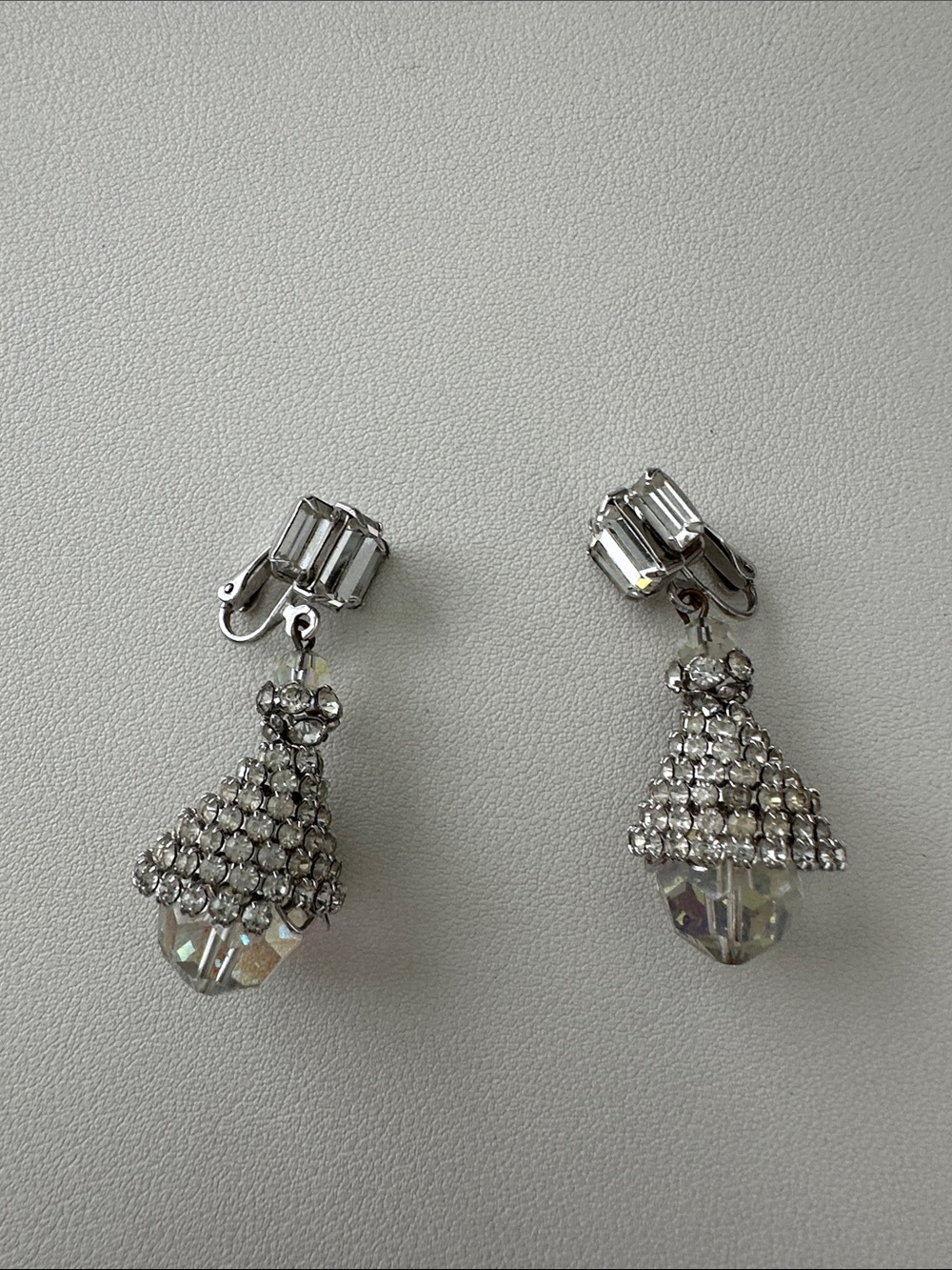 Silver Crystal Drop Clip-On Earrings - Clear Rhinestone Dangle